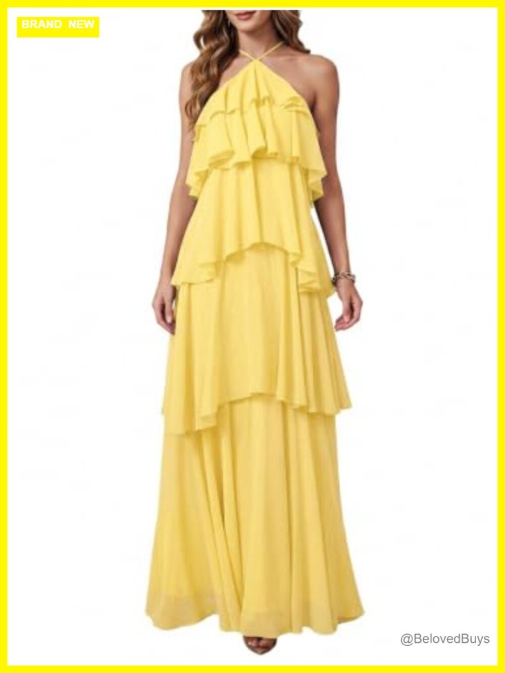 Women's Halter Ruffle Tiered Backless Maxi Dress Wedding Guest Formal